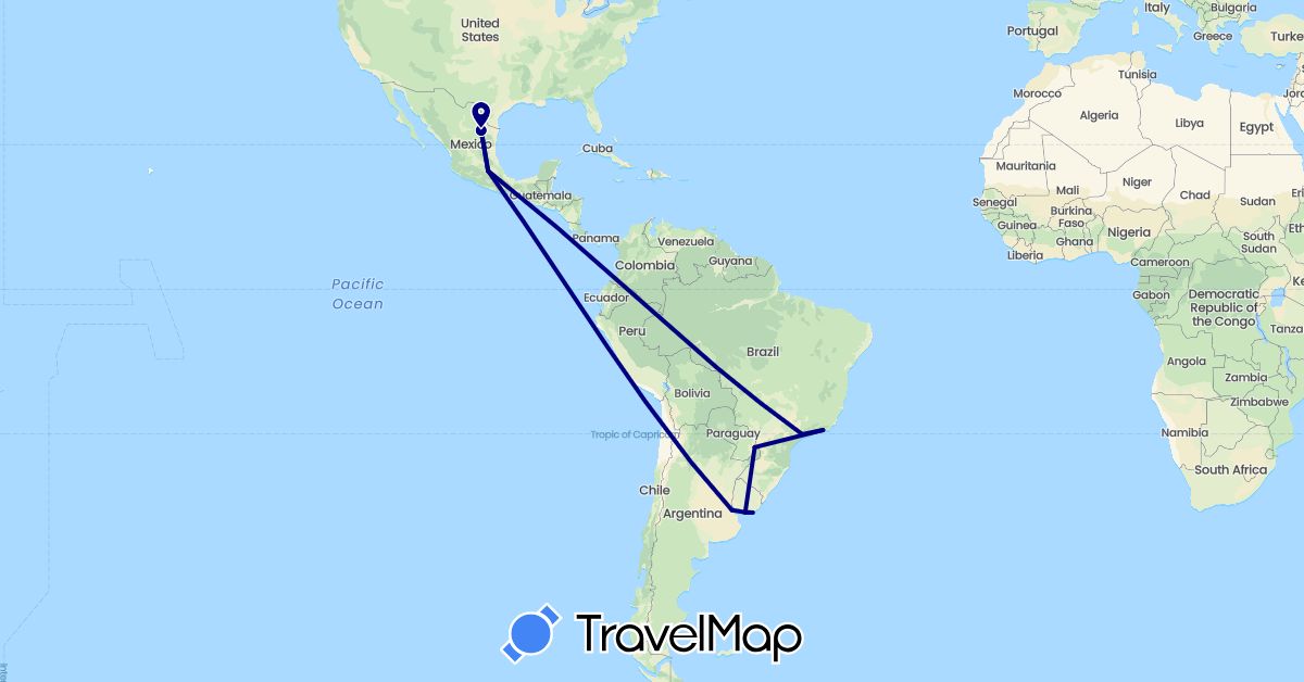 TravelMap itinerary: driving in Argentina, Brazil, Mexico, Uruguay (North America, South America)